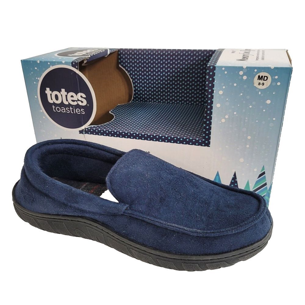 Totes Loafer Slippers Mens Medium 8-9 Faux Suede Slip On Navy Blue $44 NEW